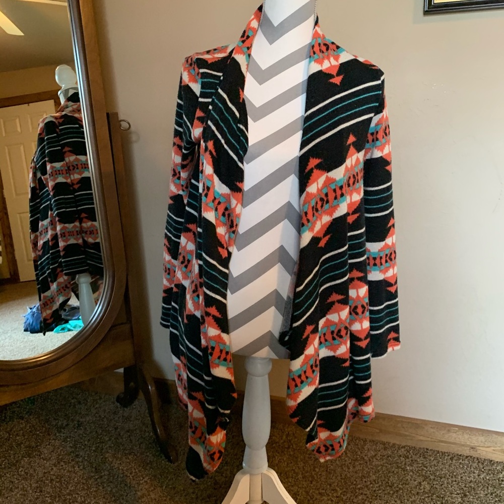 Tribal sweater. Orange, turquoise, black